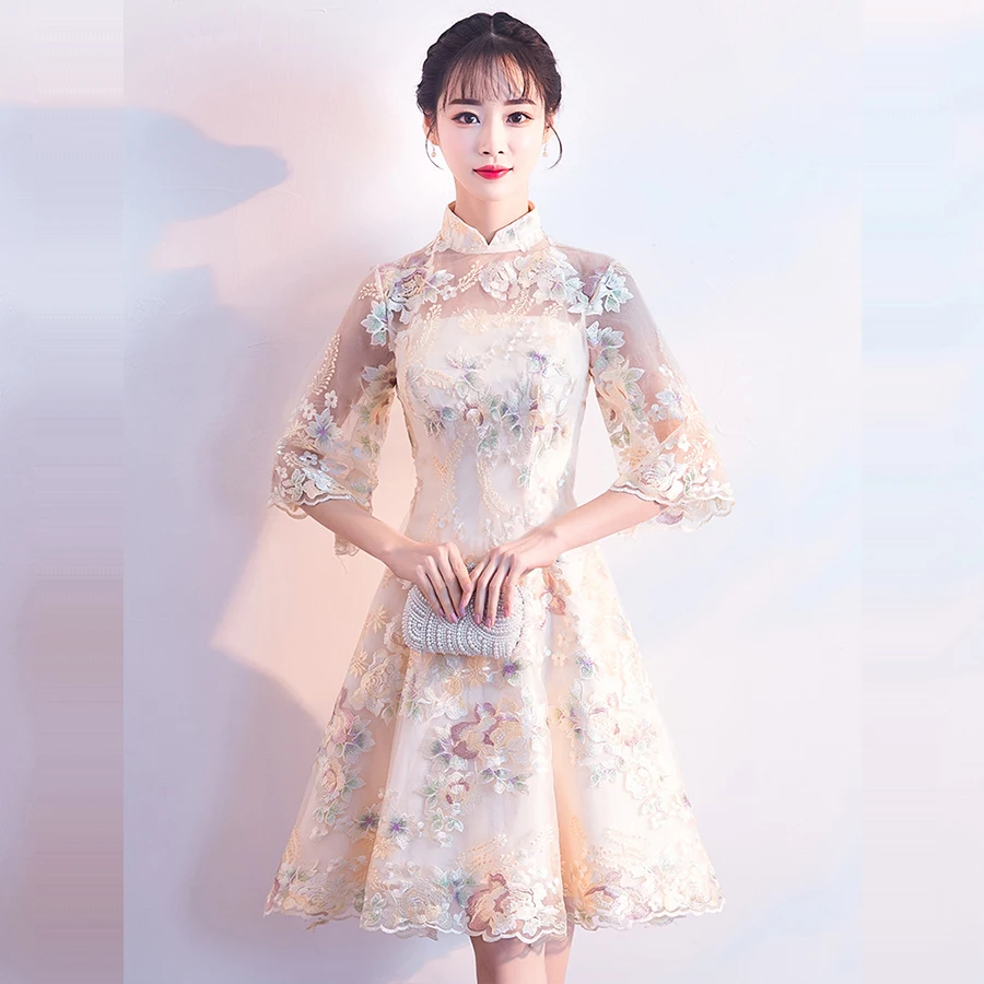 Коктейльное платье MX022 с высоким воротником и коротким рукавом Vestidos De Coctel, женские вечерние платья с вышивкой, коктейльное платье с цветочным принтом