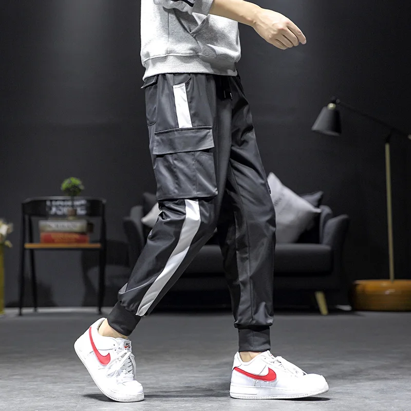 Новая мода оверсайз Streetwear уличная Мужская твердая карманная брюки с свободным досугом стежка эластичность большие сращивающиеся прямые брюки