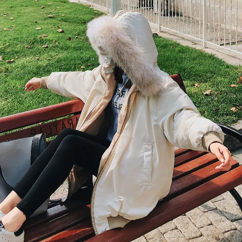 

Photo Shoot INS Korean-style Hooded Greyish Green Large Fur Collar Mid-length Jacket down Coat Women's Loose-Fit Short-height Co