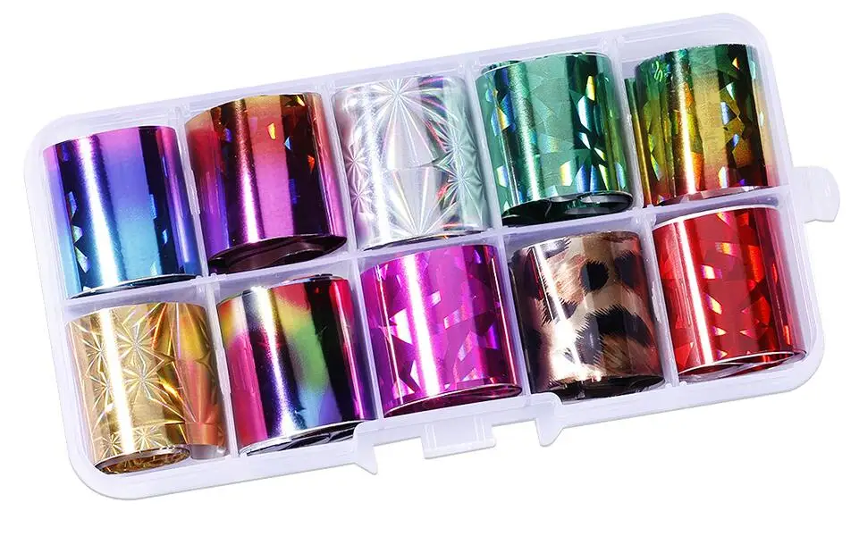 Set6 10 рулонов/коробка 2,5*100 см голографический цветок/накладной ноготь с металлическим чипом фольга(10 цветов) Розовый Золотой Серебряный ноготь художественная Наклейка Фольга переводные наклейки NZ - Цвет: Set6