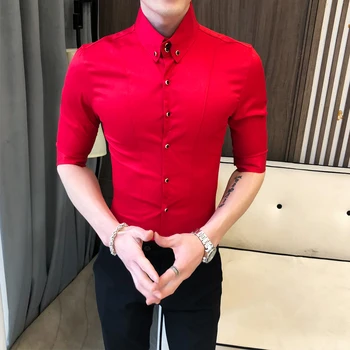 

Spring Mens Shirt Business Casual Stand Collar Dress Shirt Solid Color Half Sleeve Formal Streetwear Social Blouse Men Clothes