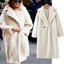 Women's blend coat fashion blogger winter trench coat women england vintage oversize warm Lamb hair thick notched solid long