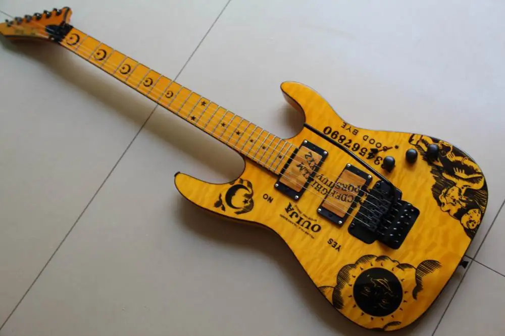 Новая гитара KH-20 Ouija Black Kirk Hammett Подпись Электрогитара звезда Луна инкрустация один кусок шеи в желтый 130501