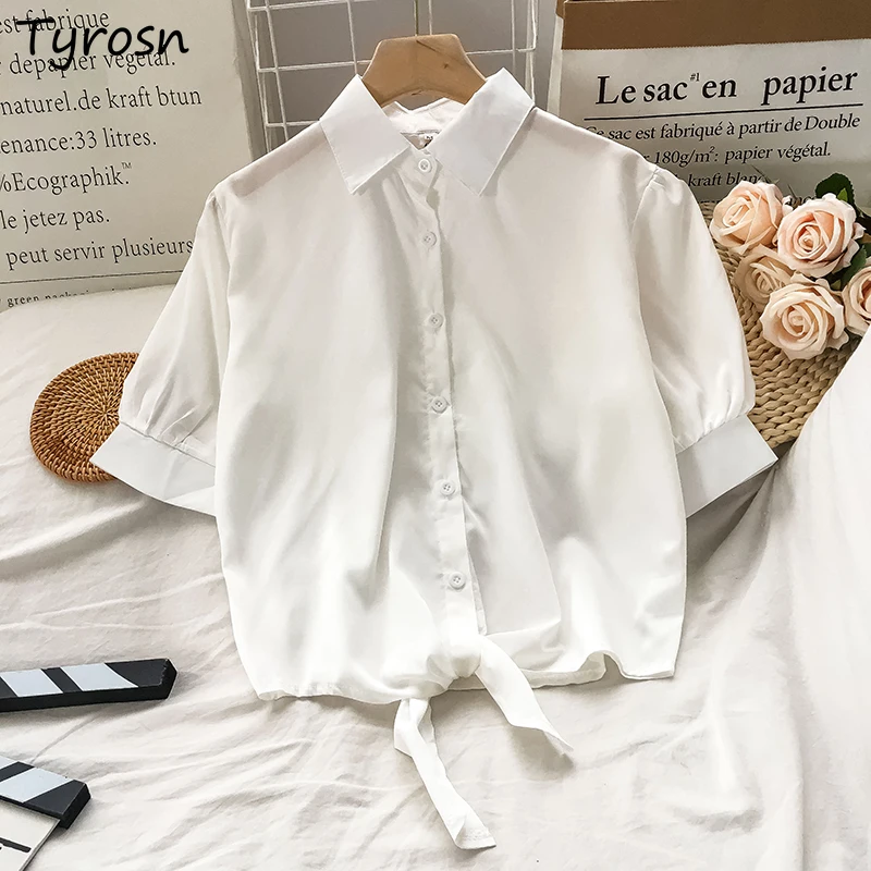 Blusas blancas manga corta para sencillas de color sólido corto, blusas informales para mujer, de mujer para oficina, diseño Retro elegante Ins - AliExpress Ropa de mujer