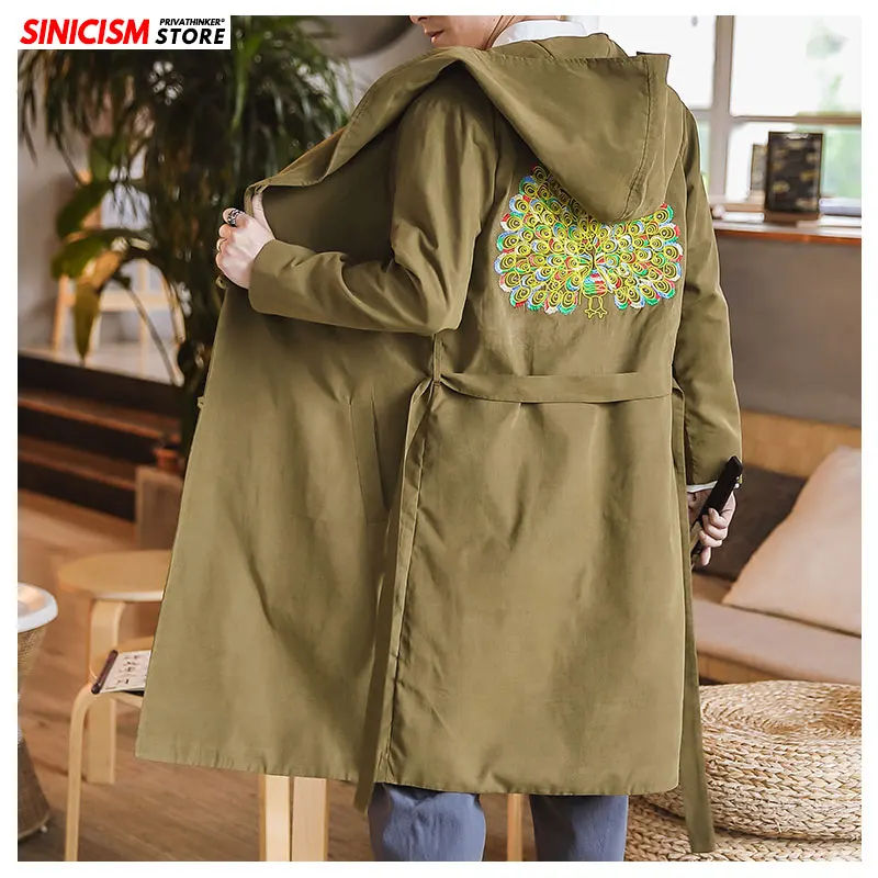 Sinicism Store, мужской длинный Тренч с капюшоном и вышивкой,, мужской большой китайский стиль, свободная куртка, пальто, Мужская Осенняя новинка, Winderbreak
