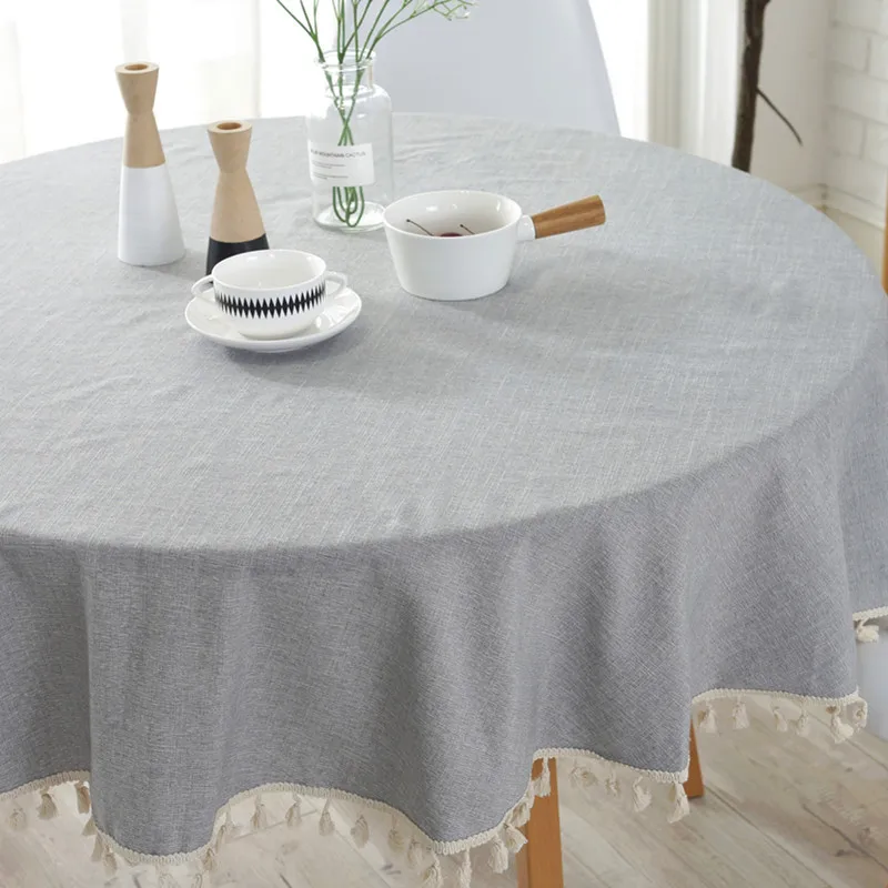 Proud Rose Japanese Style Tablecloth Simple Cotton Linen Tablecloth Round Plain Solid Color Light Gray Navy Blue Tassel Meal Cov
