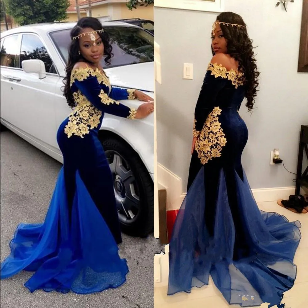 

Sexy Mermaid Velvet Prom Royal Blue with Applique Organza Designer Train Long Sleeve Party mother of the bride Dress