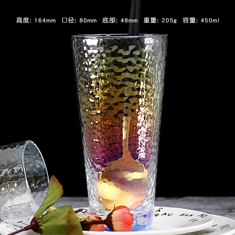 Стеклянная чашка красочный молоток сетка прозрачный чай чашки сок, напиток стекло es современный ресторан бар дома питьевой коктейльное стекло - Цвет: D  450ml