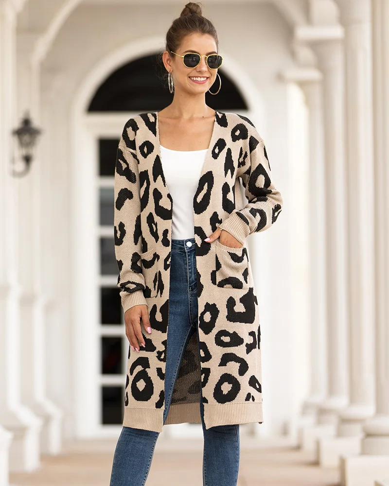 Unique Nature Womens Leopard Cardigan Sweater Open Front Warm Long Sleeve Loose Knit Coat with Pockets |