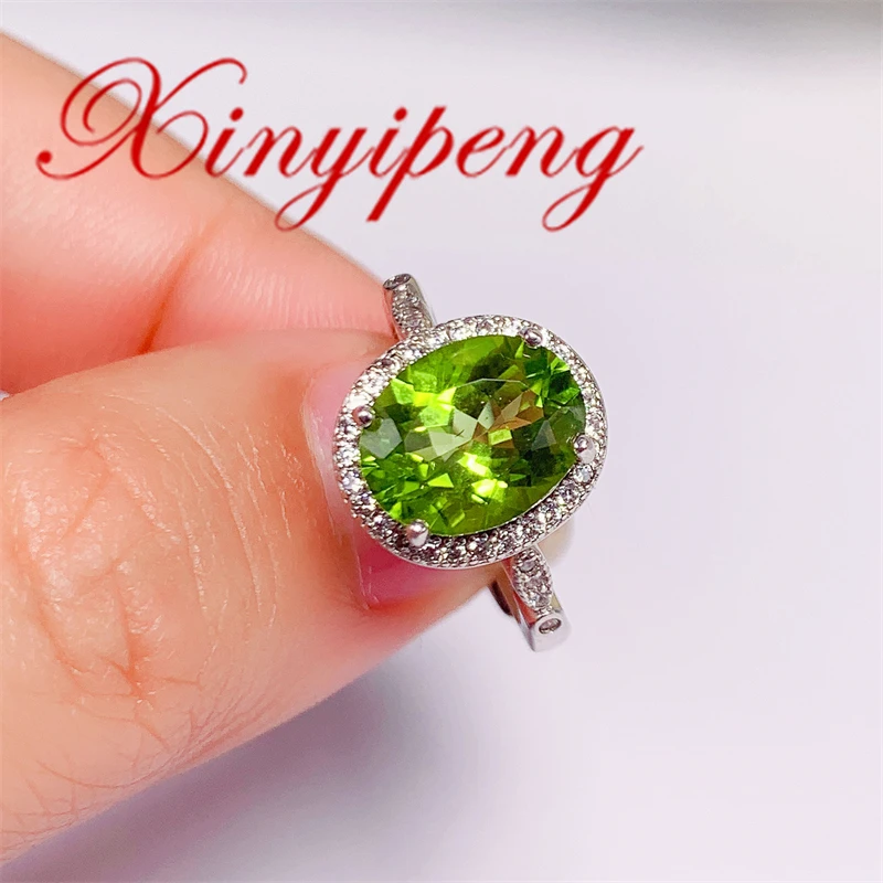 

Xin Yipeng Fine Gem Jewelry Real S925 Sterling Silver Plated White Gold Inlaid Natural Peridot Ring Anniversary Gift for Women
