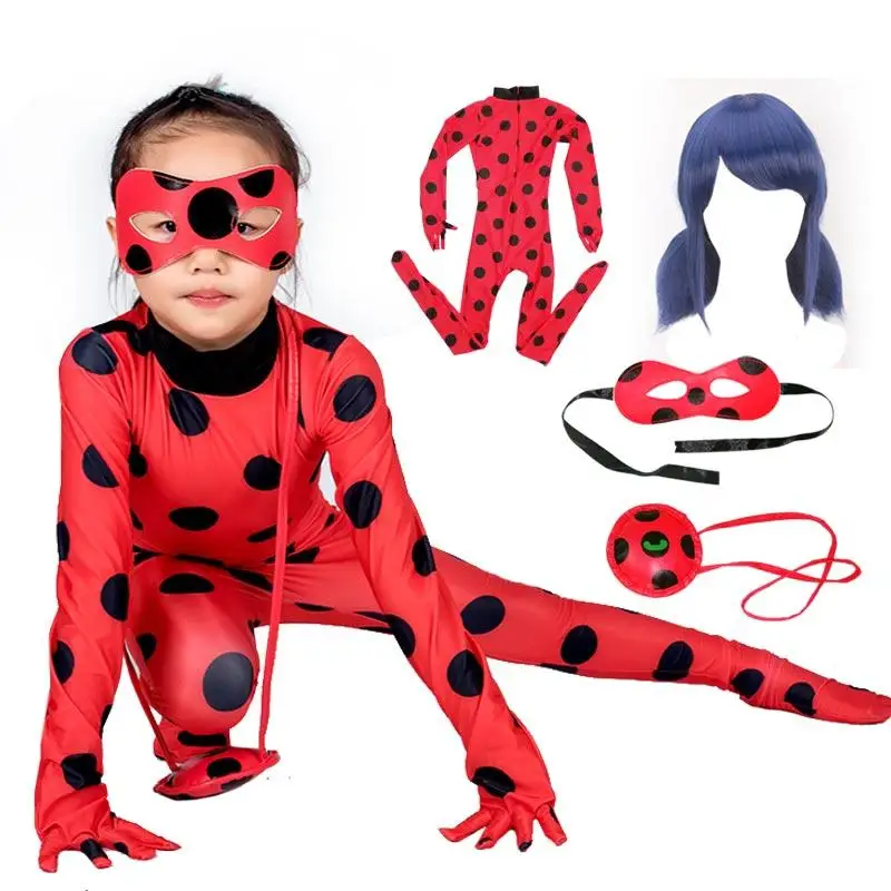 

Girls LadyBug Costume Lady bug Cosplay Clothing Sets Kids Halloween Party Marinette Little Beetle Suit Lady bug Jumpsuit