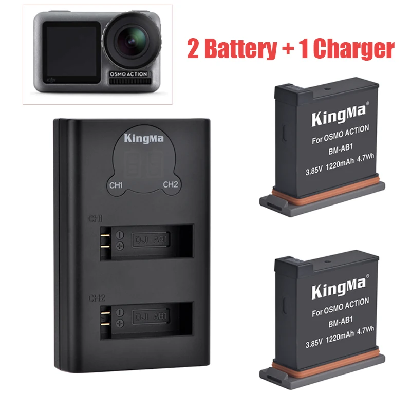 para Dji Osmo Baterias + Conjuntos Bateria de Lítio de Carregamento para Dji Acessórios da Câmera Ação Levou Inteligente Carregador 1220mah 4k 2pcs