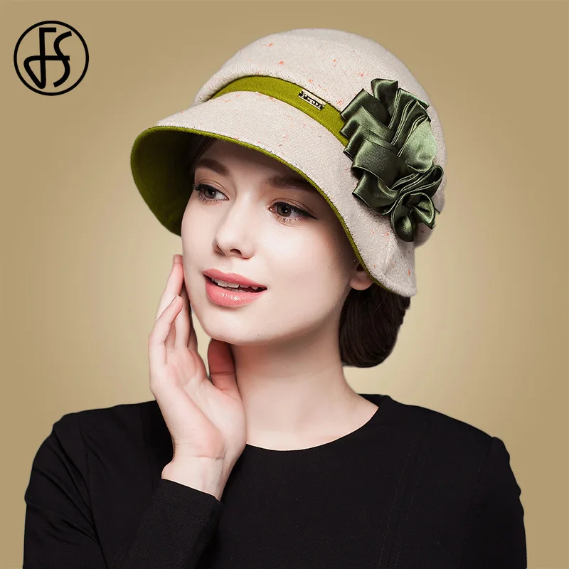 

FS Fashion Sweet Fedora Cap For Women Wool Floral Vintage Classic Bowler Formal Church Hat Warm Winter Female Elegant Lady Party