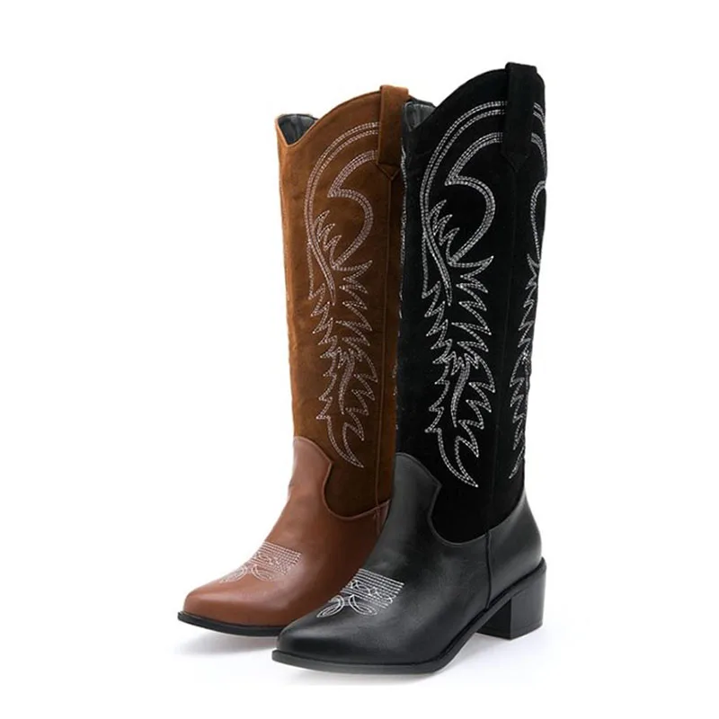 FITWEE New Women Knee High Boots Patchwork Vintage Shoes Woman Fashion Thick Heel Female Warm Winter Mujer Zapatos Size 33-46