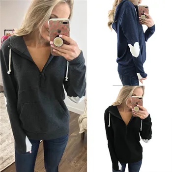 

Casual Deep V Turn Down Collar Hoodie Women Long Sleeve Sweatshirt Tops Zipper Streetwear Hoody Open Half Female Pullovers Black