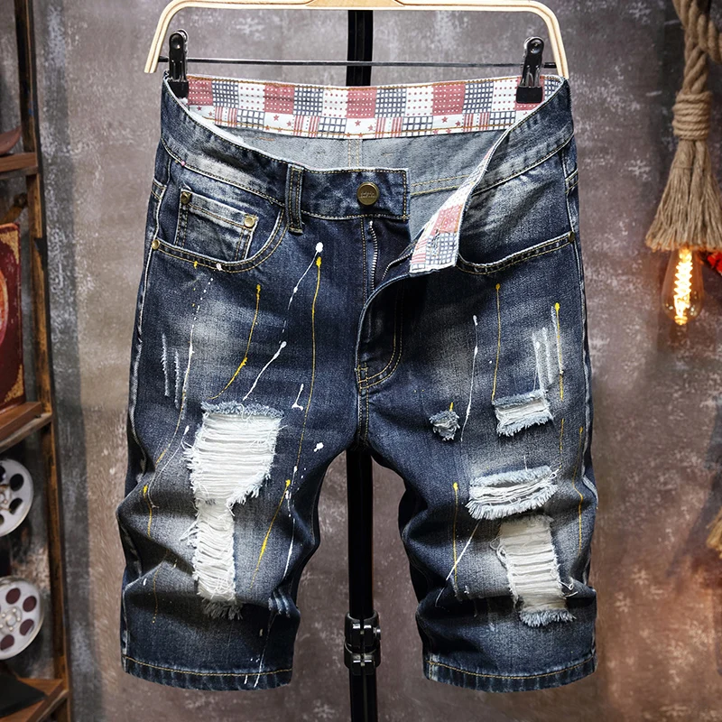 Denim Shorts Jeans Ripped Slim-Hole Mens Fashion Summer Male Brand New Retro Graffiti