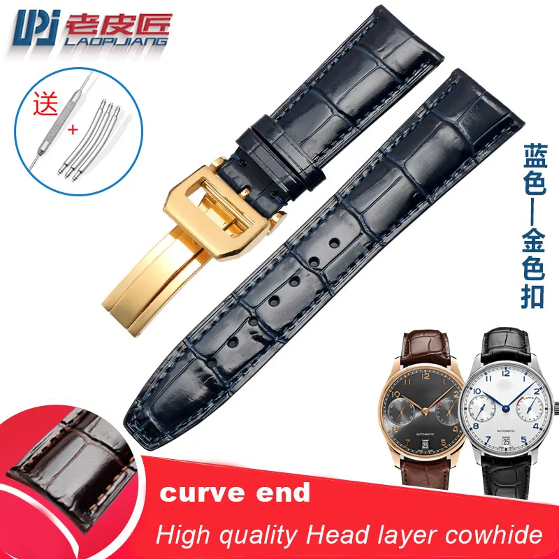 blue gold buckle High quality Head layer cowhide genuine leather bracelet 22mm watch strap curve end watchband Business watch wristwatches band - Цвет ремешка: blue gold buckle