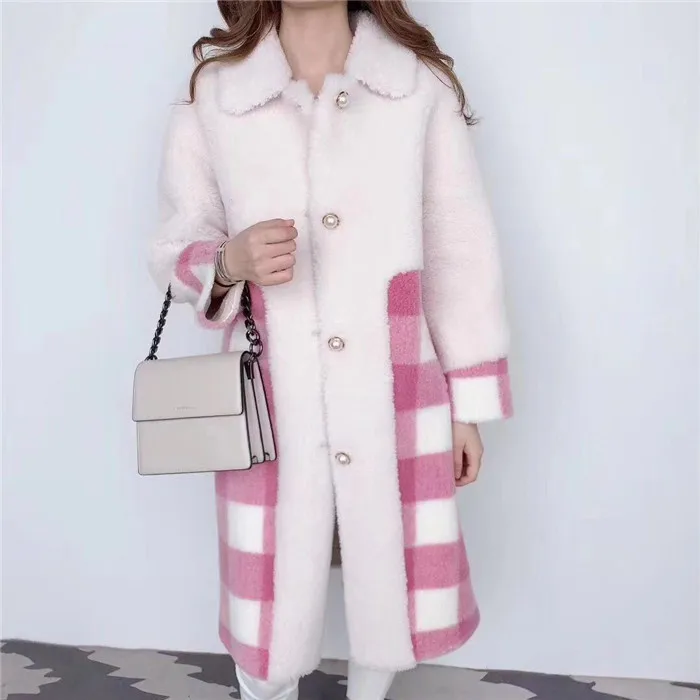 pink plaid 1 Осень Зима для женщин дамы из натуральной овечьей шерсти меховые пальто мода плед стрижки овец Длинные теплые куртки - Цвет: pink plaid 1