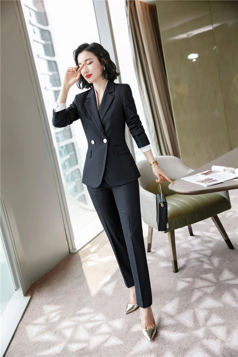 Black Striped Модные полосатые женские деловые костюмы со штанами и куртками пальто высококачественная ткань OL стильные блейзеры женские брюки в деловом стиле костюмы - Цвет: Black Striped