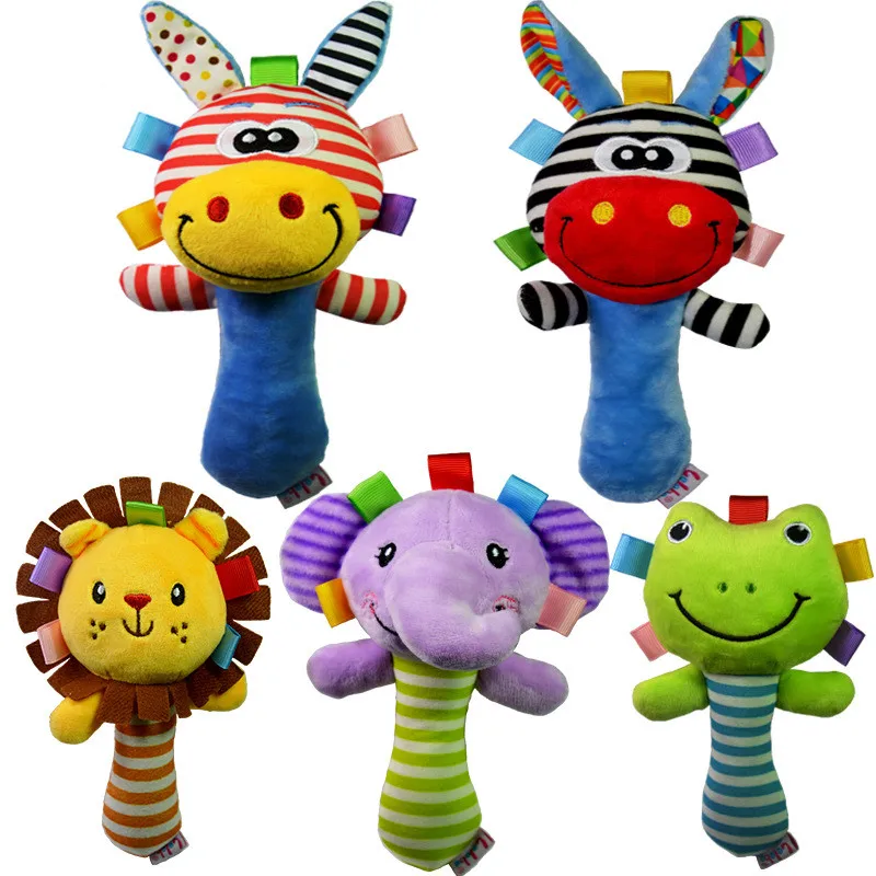 

Baby Toys 0-12 Months Cartoon Animal Rattle Squeaker BB Sounder Educational Elephant Giraffe Lion Frog Plush Hand Rattle Mobile