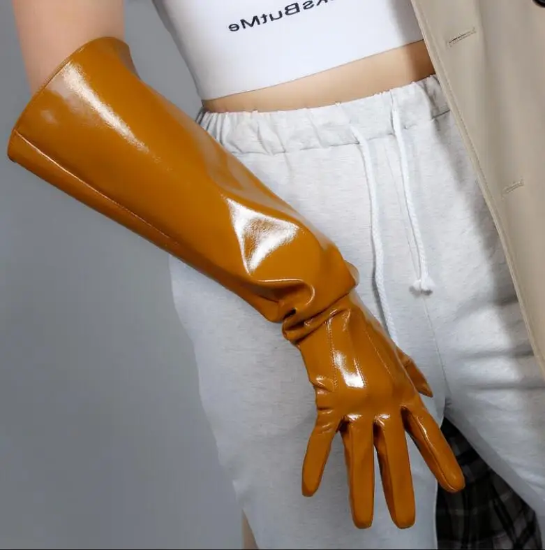patent brown Женские длинные перчатки из искусственной кожи с широким рукавом, женские лакированные коричневые кожаные перчатки 50 см R2041 - Color: patent brown
