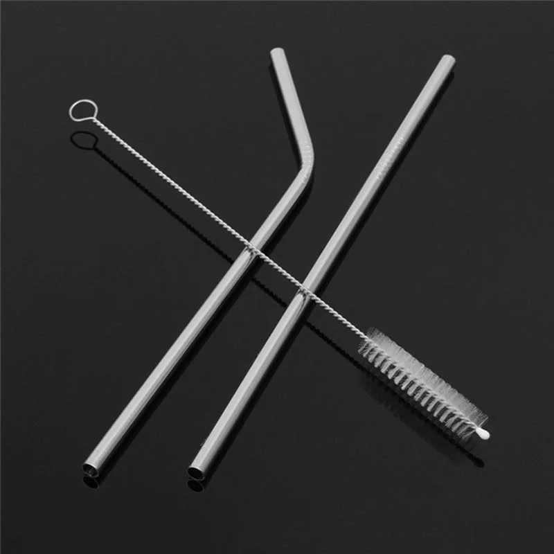 8Pcs Stainless Steel Drinking Straw Reusable Straight Straws+ 2 Cleaner Brush Set