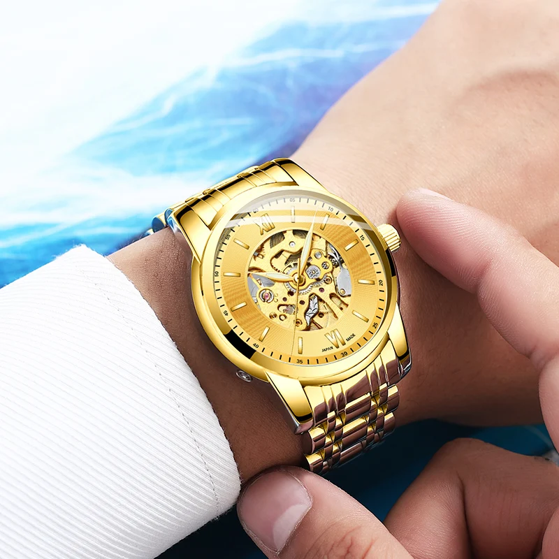 HAIQIN, модные механические часы, мужские золотые наручные часы со скелетом, мужские часы, Топ бренд, роскошные часы, мужские деловые часы, Reloj hombres