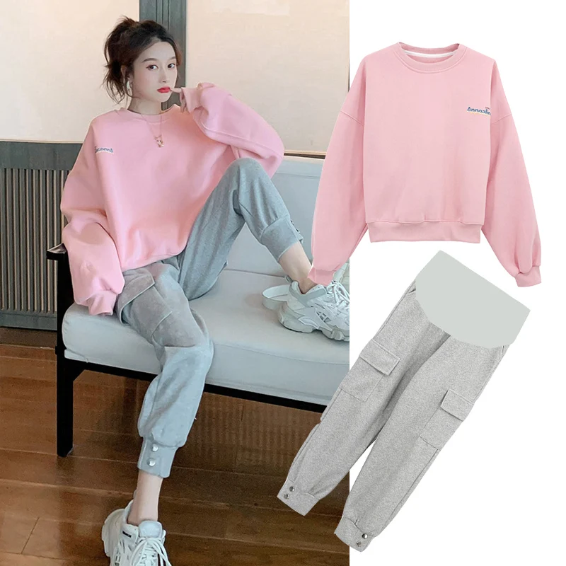 297# 2021 Autumn Korean Fashion Maternity Clothing Sets Sports Casual Hoodies + Pants Suits Clothes for Pregnant Women Pregnancy