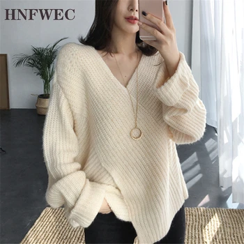 

New 2019 Autumn Winter Women's Sweaters V-Neck Patchwork Minimalist Tops Korean Style Knitting Ladies Female D625