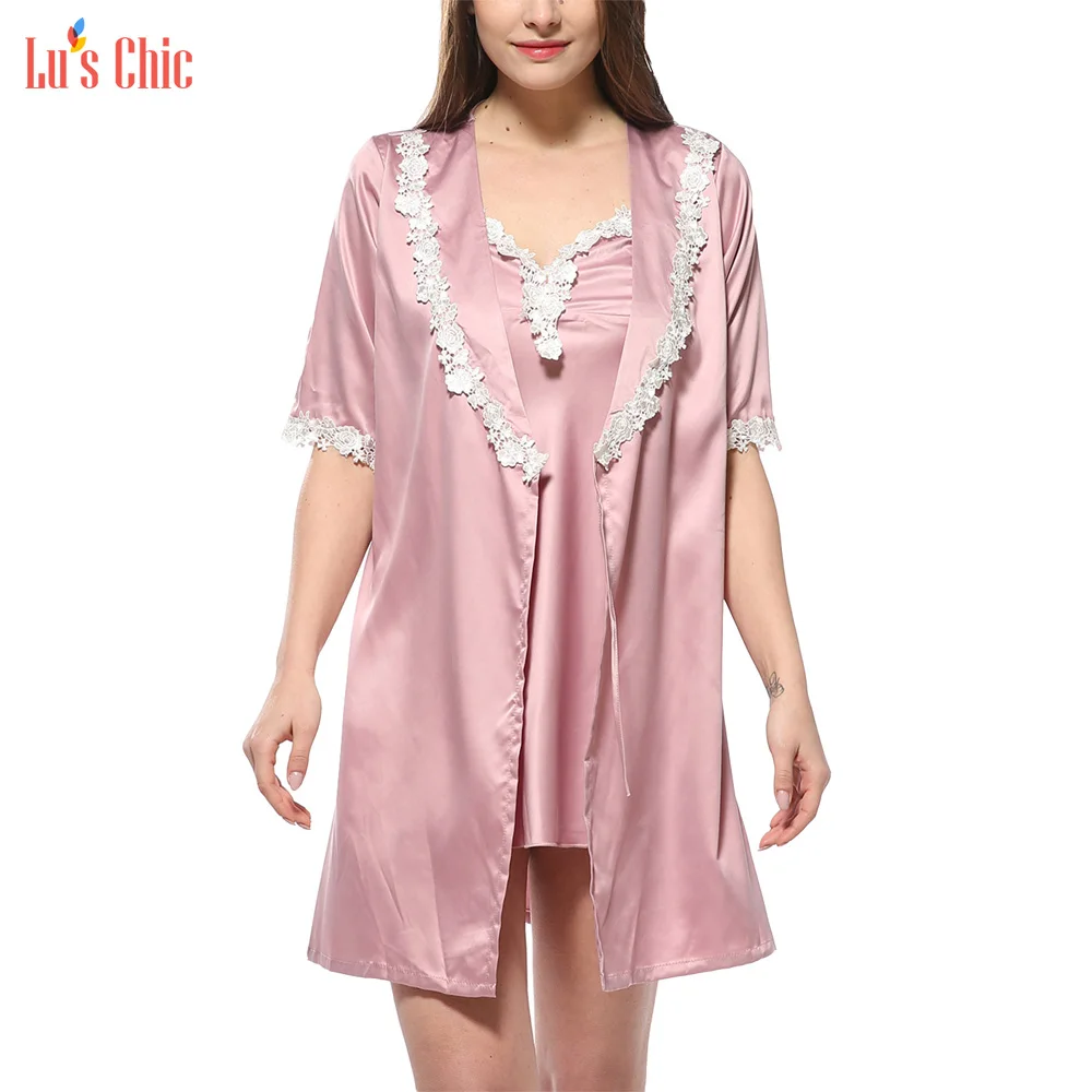 Lu's шикарные женские атласные халаты кружевная майка белье платье пижамный комплект шелк 2 шт кимоно халат пижамы