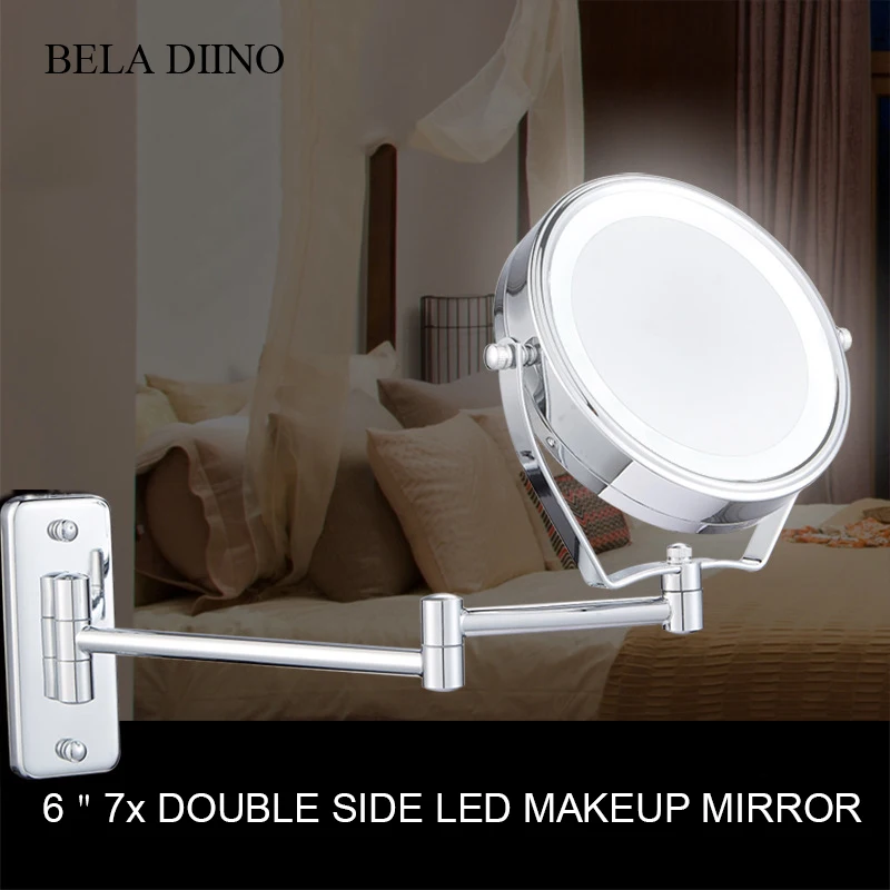 " Двусторонняя складной 7x увеличительное настенный зеркало с подсветкой для макияжа светодиодный свет косметическое зеркало для макияжа, бритья зеркало со светодиодной подсветкой