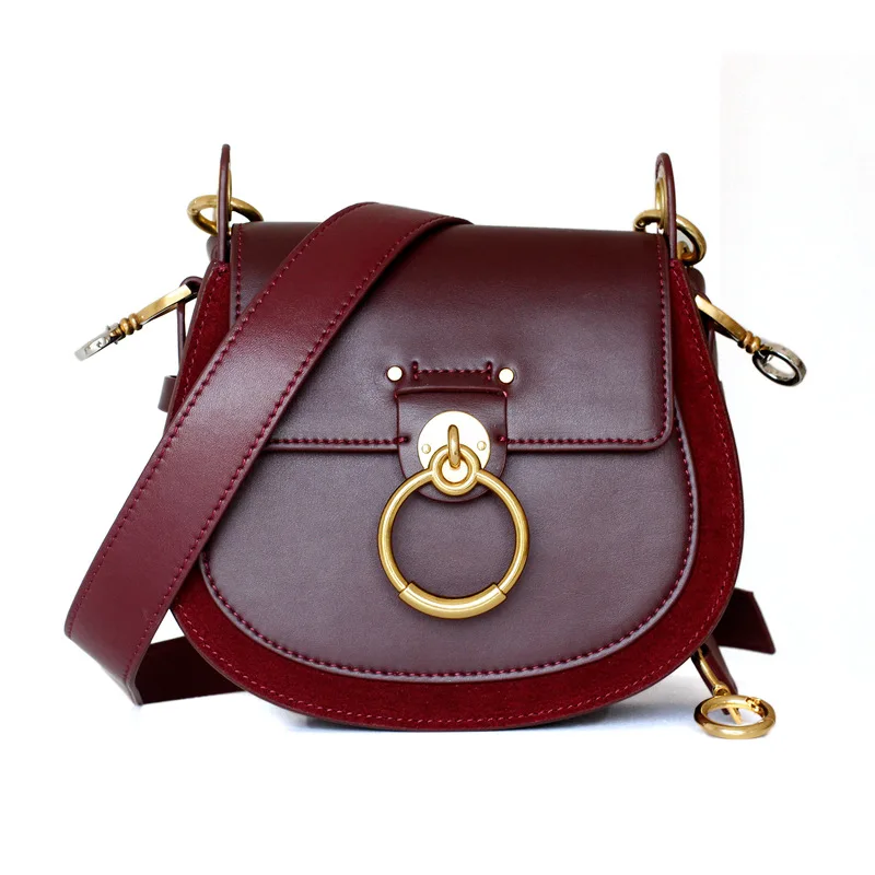 

Cow Leather Saddle Bag Female 2019 Autumn and Winter Hit Color Retro Wide Shoulder Strap Messenger Ring Bag