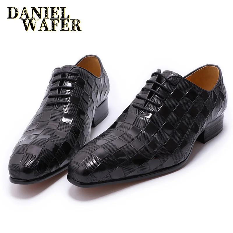 LUXURY ITALIAN LEATHER SHOES MEN NEW FASHION PLAID PRINTS LACE UP BLACK BROWN WEDDING OFFICE SHOES FORMAL OXFORD SHOES FOR MEN