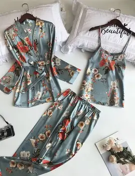

2019 New 3 PCS Women Pajamas Sets with Pants Sexy Pyjama Satin Flower Print Nightwear Silk Negligee Sleepwear Pyjama House Wear