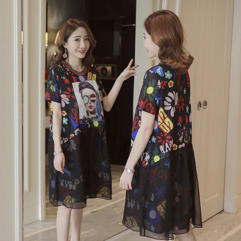 

Maternity Clothes 2019 Summer Wear New Style European Goods Mid-length Fashion Gauze Joint Printed Maternity Dress