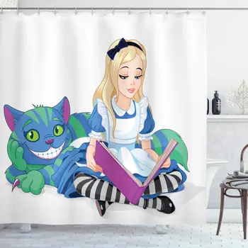 

Alice in Wonderland Shower Curtain, Alice Reading Book Cat Colorful World Happiness Love Character Image, Cloth Fabric Bathroom