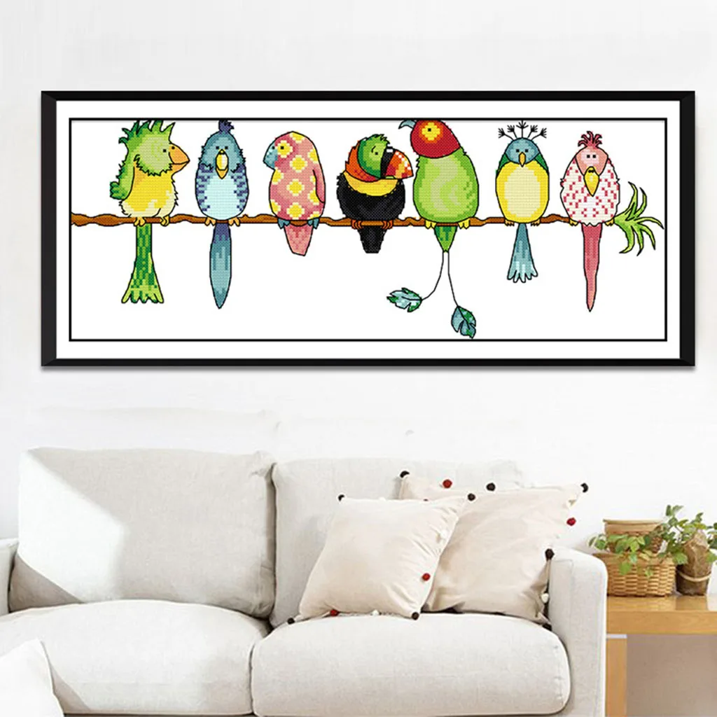 Cute Colorful Parrots Birds DIY Stamped Cross Stitch Kit Pre-printed Pattern Beautiful Scenery Christmas Gift Home Decoration