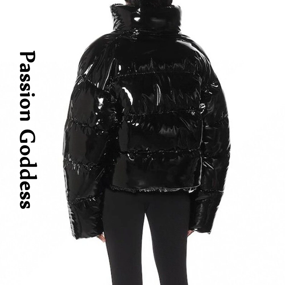 Women Winter Bright PU Puffer Jacket Warm Thick Bubble Coat Oversize Zipper Glossy Leather Down Parka Outerwear Cute Pink Jacket