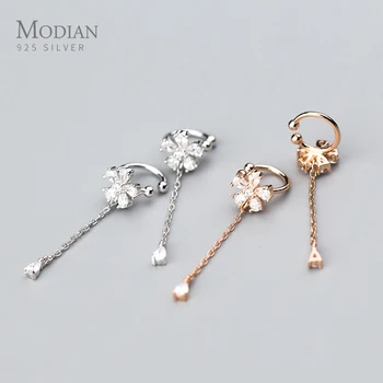 

Modian Sparkling zircon Blooming Flower Sterling Silver 925 Clips Earring for Women Long Chain Earring Fine Jewelry Party Gift