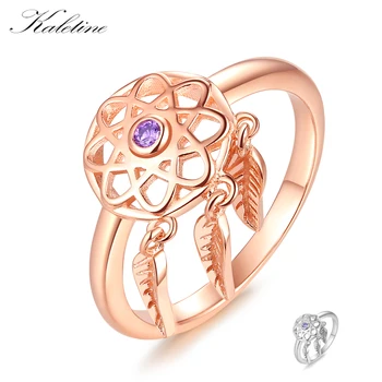 

Kaletine Fashion 2018 Rose Gold Rings for Women Dream Catcher Purple CZ With Leaf Pendant Silver 925 Jewelry DIY Christmas