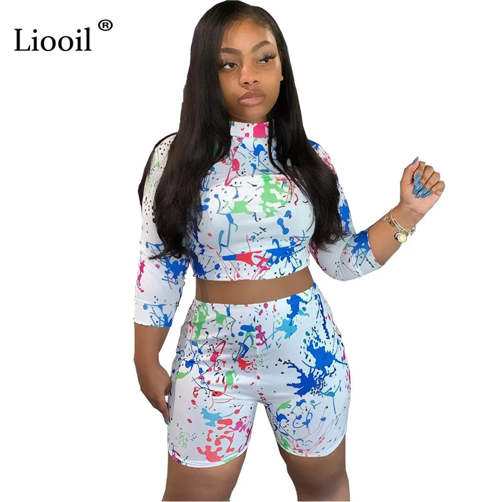 

Liooil White Print Two Piece Short Sets Tracksuit 2019 Womens Shorts With T Shirts Top Tight Matching Set Outfit Jogging Femme