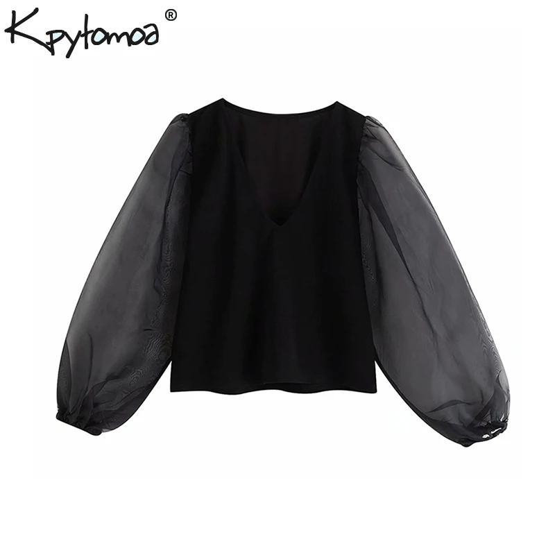 

Vintage Sexy See Through Deep V Neck Tops Women Blouses 2019 Fashion Lantern Sleeve Patchwork Shirts Casual Blusas Mujer