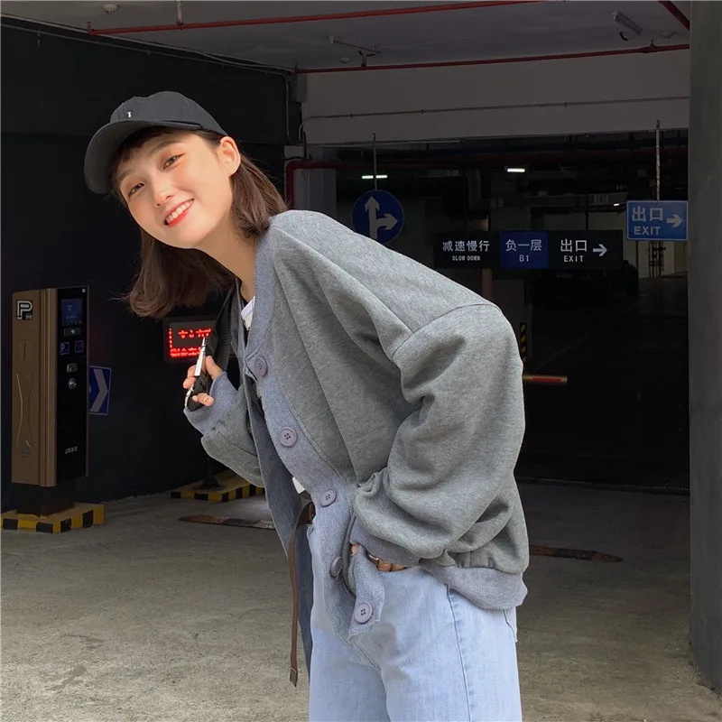 Solid Color Cardigan Long Sleeve Woolen Jacket Women's Autumn New Style Korean-style Loose Casual Students Baseball Top