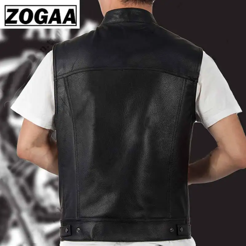 ZOGGA Men Vest Black Biker Motorcycle Hip Hop Waistcoat Male Faux Leather Punk Solid Black Spring Sleeveless Leather Vest