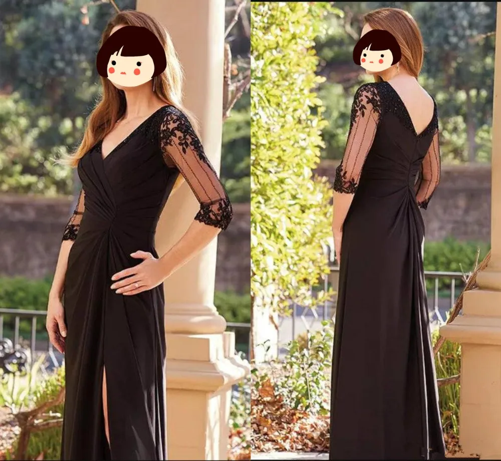 Elegante Moeder Van De Bruid Jurken 2019 V-hals Side Split Lace Bruiloft Gast Jurk Custom Lange Partij Jassen Half lange Mouwen Elegante Moeder Van De Bruid Jurken 2019 V-hals Side Split Lace Bruiloft Gast Jurk Custom Lange Partij Jassen Half lange Mouwen
