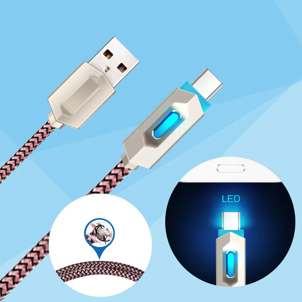 Nylon Braided Lights LED Micro USB Charging Cable For Andriod Phone fast charge adapter Type-C Charger Cable For DJI OSMO Pocket