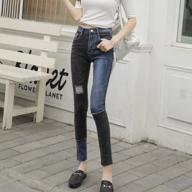 Patchwork Denim Jeans For Female High Waist New stitching bump Color Elastic Jeans Foot a Pencil Jeans