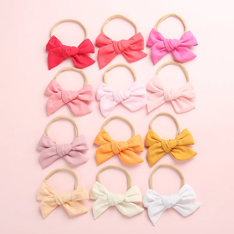 Детские эластичные повязки для волос из хлопка и льна, нейлоновая повязка на голову с бантом, однотонная модная резинка для волос, кольцо для волос, розовый, желтый, красный головной убор