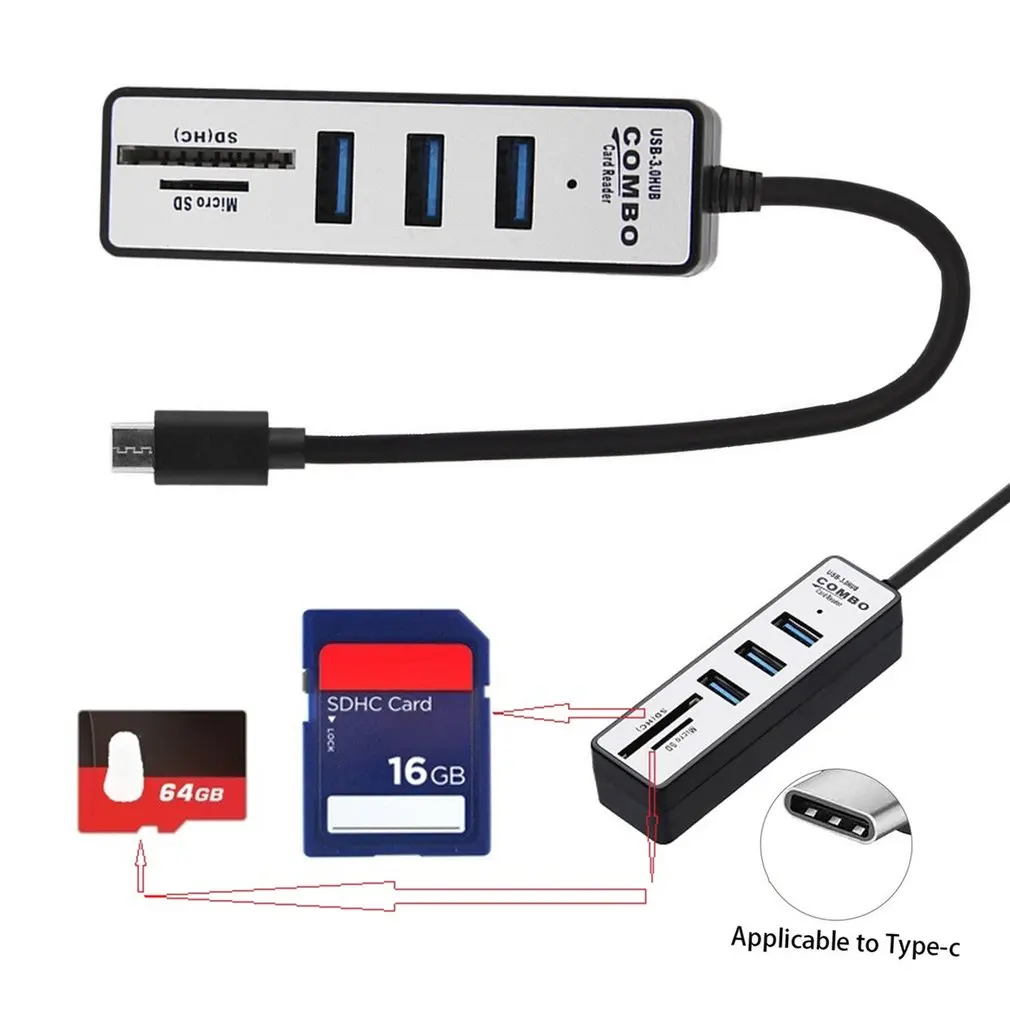 USB-C концентратор type C к USB 3,0 адаптер SD/Micro SD/TF кард-ридер умная память Многофункциональный USB кард-ридер