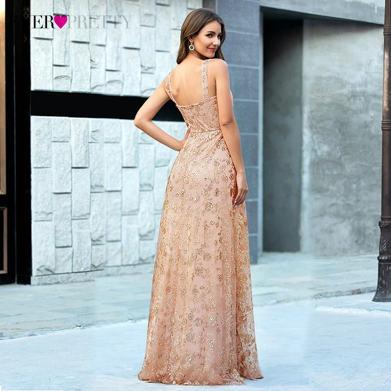 Sexy Rose Gold Prom Dresses Ever Pretty A-Line V-Neck Spaghetti Straps Sequined Sleeveless Sparkle Party Gowns Vestiti Lunghi